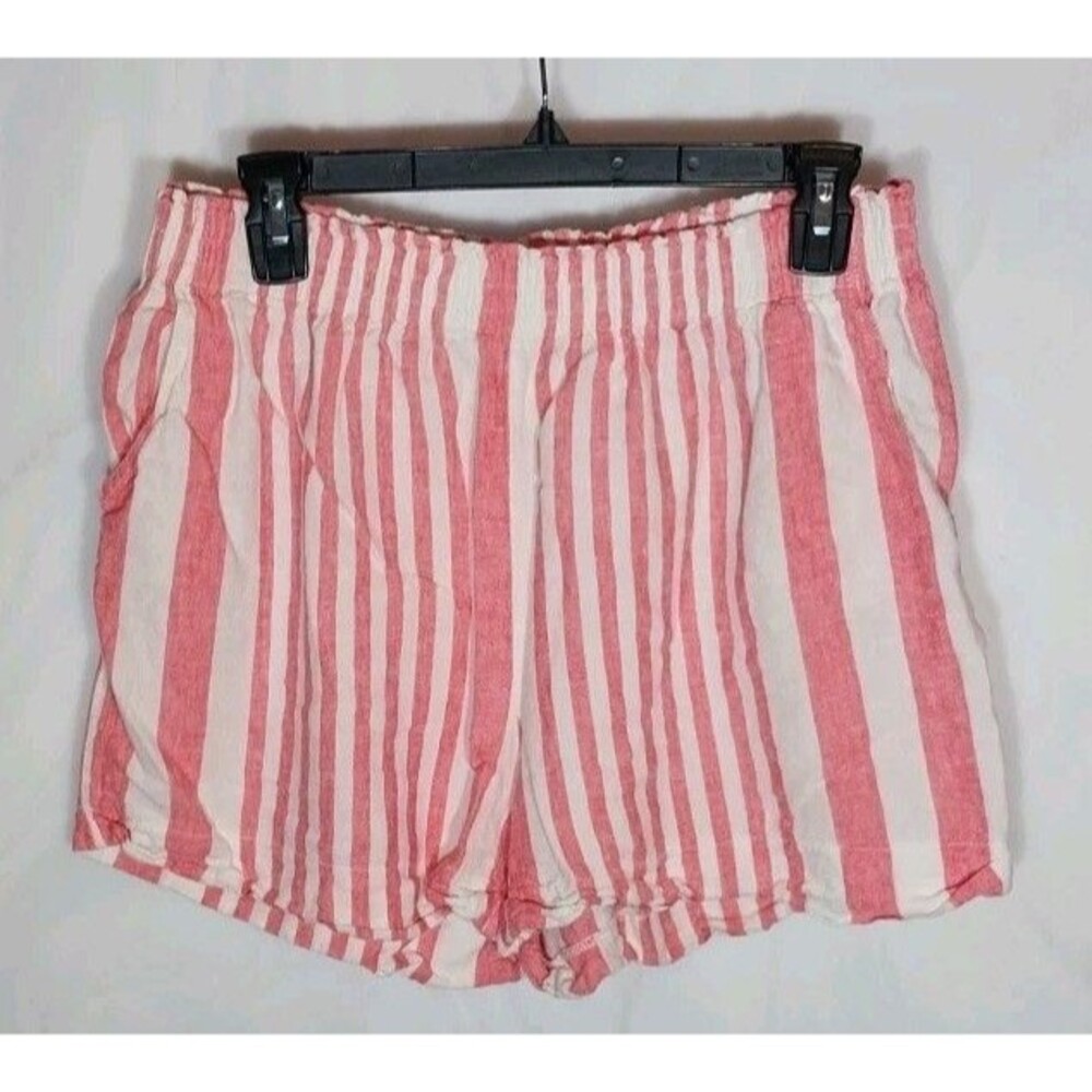 Linen Blend Striped Shorts Womens M Pink White Pull On Elastic Waist Summer